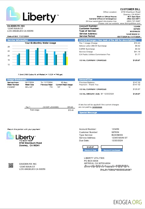 Modèle de facture de services publics d'entreprise USA California Liberty Utilities aux formats Word et PDF